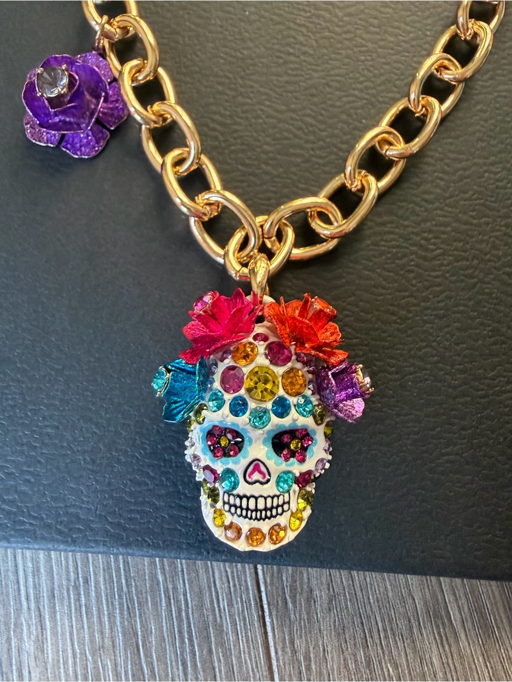Betsey Johnson Gold-Tone Multicolor Sugar Skull Necklace with Floral Accents